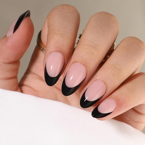 UNA GELLA Almond Press On Nails – 32Pcs 16 Sizes Pastel Lilac Lavender Fake Nails with Glue and Adhesive Tabs, Opaque Reusable Glue On Nails Kit for Women Manicure(Black French)