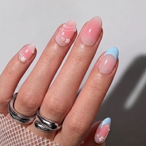 UNA GELLA Almond Press On Nails – 32Pcs 16 Sizes Pastel Lilac Lavender Fake Nails with Glue and Adhesive Tabs, Opaque Reusable Glue On Nails Kit for Women Manicure(Coquette Bluebell)