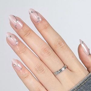 UNA GELLA Almond Press On Nails – 32Pcs 16 Sizes Pastel Lilac Lavender Fake Nails with Glue and Adhesive Tabs, Opaque Reusable Glue On Nails Kit for Women Manicure(Liquid Silver Swirl)