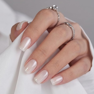 UNA GELLA Short Square Press On Nails, 32 Pcs 16 Sizes Soft Gel Fake Nails, Sheer Jelly Light Pink Glossy False Nails for Women, Reusable Stick On Nails Kit with Glue and Adhesive Tabs(Chrome Pearl White)