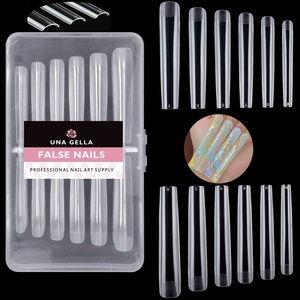 UNA GELLA Short Square Press On Nails, 32 Pcs 16 Sizes Soft Gel Fake Nails, Sheer Jelly Light Pink Glossy False Nails for Women, Reusable Stick On Nails Kit with Glue and Adhesive Tabs(Z-Long Square)