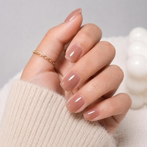 UNA GELLA Short Square Press On Nails, 32 Pcs 16 Sizes Soft Gel Fake Nails, Sheer Jelly Light Pink Glossy False Nails for Women, Reusable Stick On Nails Kit with Glue and Adhesive Tabs(Milk Tea Jelly)