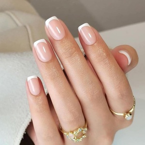 UNA GELLA Short Square Press On Nails, 32 Pcs 16 Sizes Soft Gel Fake Nails, Sheer Jelly Light Pink Glossy False Nails for Women, Reusable Stick On Nails Kit with Glue and Adhesive Tabs(Classic French)