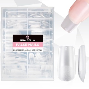 UNA GELLA Short Square Press On Nails, 32 Pcs 16 Sizes Soft Gel Fake Nails, Sheer Jelly Light Pink Glossy False Nails for Women, Reusable Stick On Nails Kit with Glue and Adhesive Tabs(Z-Short Square)